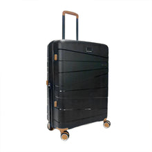 Load image into Gallery viewer, Angled view of the 28-inch Black Hardside Spinner suitcase with tan colored accents. Set on a white background.