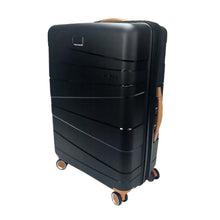 Load image into Gallery viewer, Angled view of the black suitcase with the handle pushed in. Set on a white background.