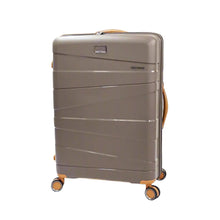 Load image into Gallery viewer, Front view of the mocha-colored suitcase. Its accents are a light tan-brown. Set on a white background.