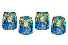 Load image into Gallery viewer, Four blue and yellow luminaries on a white background