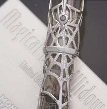 Load image into Gallery viewer, Close up to the cap ring of the Montblac Prive Black Widow fountain pen. There is a thin line of diamonds at the center of the spider web.