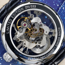 Load image into Gallery viewer, Close up to the back of the watch. The engraving reads: "LIMITED EDITION 211/333" on the top. The bottom engraving reads: "PLATINUM COATED SWISS MADE".