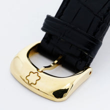 Load image into Gallery viewer, Angled close up to the watch band's buckle with engraved Montblanc logo.