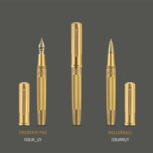 Load image into Gallery viewer, The image features the Fountain Pen without its cap, followed by an image of the pen closed, and finally the Rollerball version of the pen without the cap. Each pen has its model number.