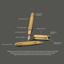 Load image into Gallery viewer, "Sandblasted aluminum, aluminum knurling, 007 shadow logo, aluminum grip section, 007 nib. made of 14K gold, Machine IP brass for the clip, hollow-point IP brass; IP brass barrel finial, rifled steel 'gun barrel' insert. "Whatever your line of work, the equipment you carry must live up to the job. Goldfinger Special Issue rises to the occasion with ruthlessly efficient, all-metal design. Engineered for excellence from brass, aluminum & rifled steel."