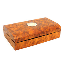 Load image into Gallery viewer, Angled view of the wooden presentation box. It appears the lid has warped slightly.