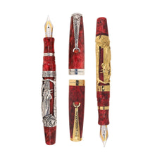 Load image into Gallery viewer, Uncapped Montegrappa Chinese Zodiac Rooster fountain pens in gold and silver overlay, featuring intricate Rooster engravings on red resin bodies, displayed on a white background.