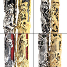 Load image into Gallery viewer, Close-up image of Montegrappa Chinese Zodiac fountain pens featuring intricate 3D engravings of zodiac animals in silver and gold finishes, including the dog, horse, rooster, and rabbit designs.