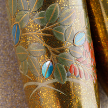 Load image into Gallery viewer, Close up to the folliage work on the Namiki Emperor Rabbits in Moonlight. The folliage is made with Maki-e work, and raden (abalone) on the leaves.