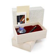 Load image into Gallery viewer, The fountain pen arranged in its presentation box with the outer box, ink bottle, ink cartridge, documents and pamphlets.