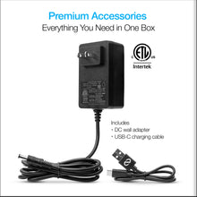 Load image into Gallery viewer, The DC Wall adapter and USB C charging cable arranged on a white background.