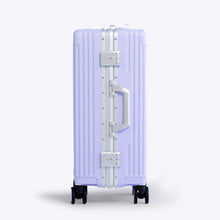 Load image into Gallery viewer, Side panel view of the lavender suitcase showing a grab handle, and two TSA approved three-digit combination locks.