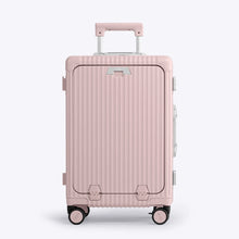 Load image into Gallery viewer, Front panel view of the pink suitcase. The telescopic handle is partly extended.