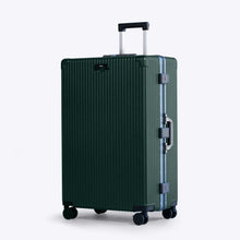 Load image into Gallery viewer, Front angled view of the large green suitcase. The telescopic handle is extended.