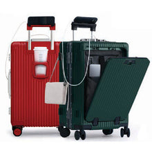 Load image into Gallery viewer, Front and angled view of two suitcases in red and green with accessories