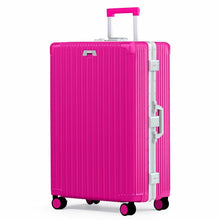 Load image into Gallery viewer, Angled front panel view of the hot pink suitcase with the telescopic handle partly extended.