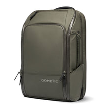 Load image into Gallery viewer, Angled front view of the olive green backpack.