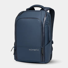 Load image into Gallery viewer, Angled front view of the navy blue backpack.