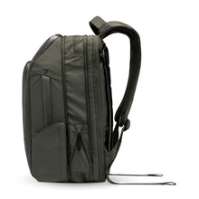 Load image into Gallery viewer, Side panel view of the olive green backpack. The expandable feature is unzipped.