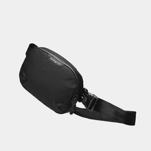 Load image into Gallery viewer, Angled front view of the black sling bag.