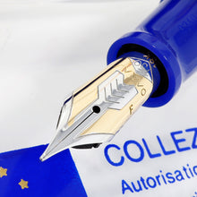Load image into Gallery viewer, Cose up to the fountain pen nib with gold and silver design.