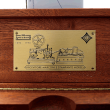 Load image into Gallery viewer, Close up to the engraved Marconi Morse Code Machine on the plate inside the presentation box.
