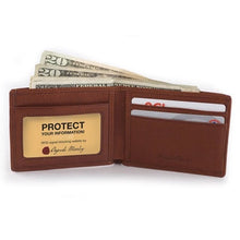 Load image into Gallery viewer, Interior view of the brandy leather wallet with cash and cards inside.