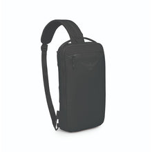 Load image into Gallery viewer, Angled front view of the black sling bag.