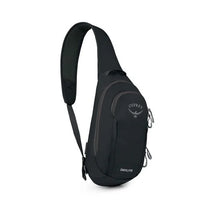 Load image into Gallery viewer, Angled front view of the black sling bag with osprey logo