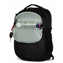 Load image into Gallery viewer, Front view with the panel compartments unzipped. Pens, a passport, and ear buds are organized in the pockets. A key fob is attached to a key sling.