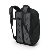 Load image into Gallery viewer, Angled back panel view of the black backpack with the shoulder straps extended and chest clasp clipped.