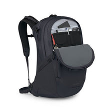Load image into Gallery viewer, Front view of the backpack with the front pocket unzipped. Accessories are organized in the compartments.