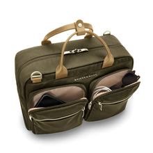 Load image into Gallery viewer, Briggs & Riley Rhapsody Multi-Pocket Cabin Bag shown in Olive
Front Angled View of two front zip pockets, ideal for quick access to smart phone, chargers, cables, sunglasses, etc.
Dimensions: 10.5 x 16.75 x 8.75 in / 26.7 x 42.5 x 22cm