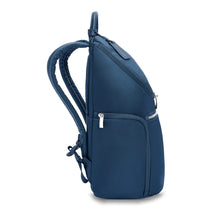 Load image into Gallery viewer, Briggs & Riley Rhapsody U-Zip Backpack in Navy
Side Panel View of Backpack
Dimensions: 15 x 10 x 7 in / 38.1 x 25.4 x 17.8 cm