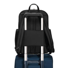 Load image into Gallery viewer, Briggs & Riley Rhapsody Medium Backpack - Shown in Black
Back Panel view showing attachment feature which allows this Backpack to ride along the telescoping handles of your carry-on trolley bag.
Dimensions: 16 x 13.5 x 6 in / 40.6 x 34.3 x 15.2 cm