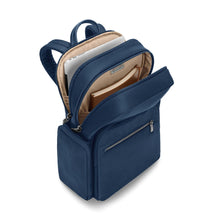 Load image into Gallery viewer, Briggs & Riley Rhapsody Medium Backpack - Shown in Navy
Side Panel View showing Back Compartment with protection for your laptop and main compartment with space for your tablet, magazine, and business essentials.
Dimensions: 16 x 13.5 x 6 in / 40.6 x 34.3 x 15.2 cm