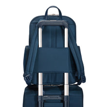 Load image into Gallery viewer, Briggs & Riley Rhapsody Medium Backpack - Shown in Navy
Image of Back Panel Attachment Feature which allows this Backpack to ride along the telescoping handles of your carry-on trolley bag.
Dimensions: 16 x 13.5 x 6 in / 40.6 x 34.3 x 15.2 cm