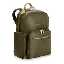 Load image into Gallery viewer, Briggs & Riley Rhapsody Medium Backpack - Shown in Olive
Front Panel Angled View
Dimensions: 16 x 13.5 x 6 in / 40.6 x 34.3 x 15.2 cm