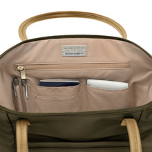 Load image into Gallery viewer, Briggs & Riley Rhapsody Expandable Tote - Shown in Olive
Image of Interior View Business Organizer with pen & card slots, smart phone holder, as well as a place for your airline ticket and passport
Dimensions: 13.5 x 19.5 x 7.5 in / 34.4 x 49.5 x 19.1 cm