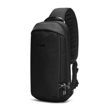 Load image into Gallery viewer, Angled front panel view of the black sling bag.
