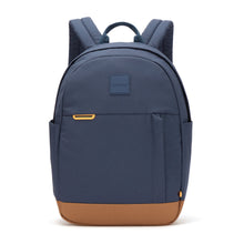 Load image into Gallery viewer, Front panel view of the blue backpack with tan accents.