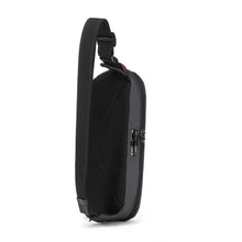 Load image into Gallery viewer, Angled back panel view of the black sling bag with adjustable strap and anti-theft zipper closure.