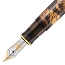 Load image into Gallery viewer, Fountain pen showing two toned color nib, and brown see through grip section on a white background.