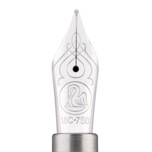 Load image into Gallery viewer, Close up to the fountain pen's nib with engraved Pelikan logo and text: 18C-750