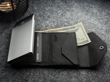 Load image into Gallery viewer, The wallet completely unfolded with credit cards and a bill tucked inside.