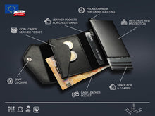 Load image into Gallery viewer, Interior view of the wallet with labeled parts: Coin, cash, and credit card leather pocket, snap closure, cash pocket and space for 7 cards.