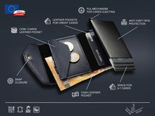 Load image into Gallery viewer, Graphic of the interior with labeled parts: RFID protection, pull mechanism, space for 7 cards, cash, and coins, snap closure.