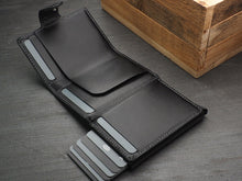 Load image into Gallery viewer, Interior view of the wallet with credit cards tucked in the compartments.