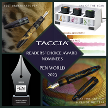 Load image into Gallery viewer, Graphic showing inks, two pens, and a trophy for the Taccia Reader's Choice Award Nominees.