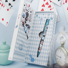 Load image into Gallery viewer, Angled view of the pen inside its packaging box. The pen as a white barrel with different references to the Alice in Wonderland book such as the cat, the rabbit, the keyhole, and a top hat. The trims are a light almost metallic blue.